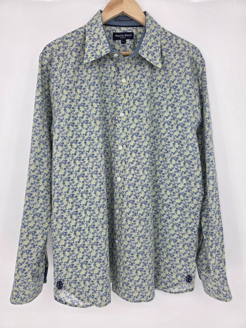 Austin Reed London Men's Large‎ Floral Button Down Shirt Blue Green 100% Cotton